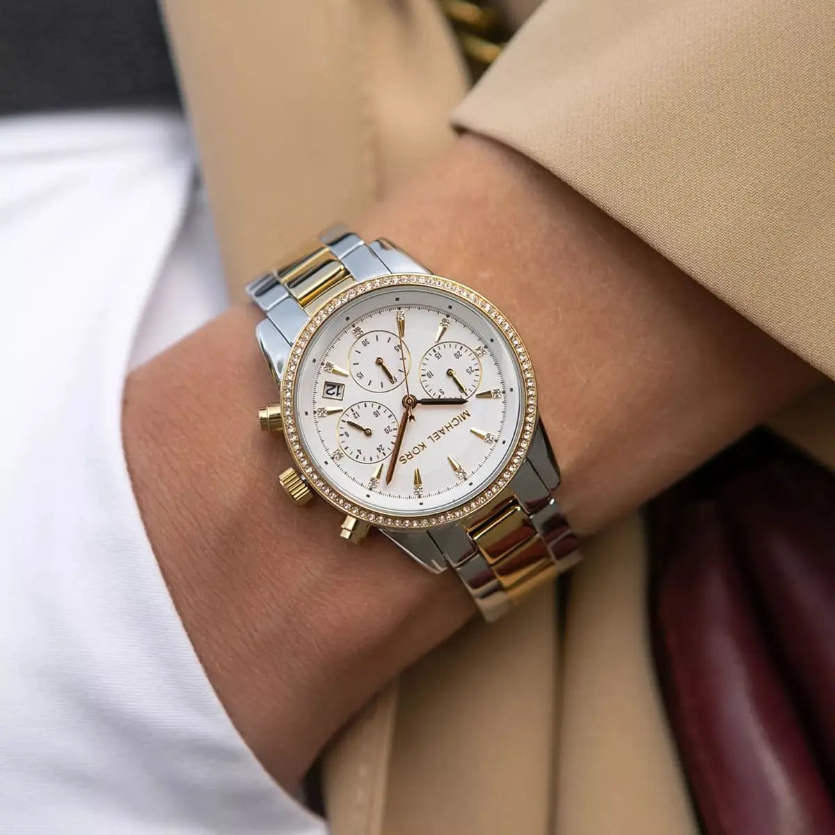 mk6474 michael kors chronograph watch women white dial metal stainless steel silver gold strap quartz battery analog ritz 13