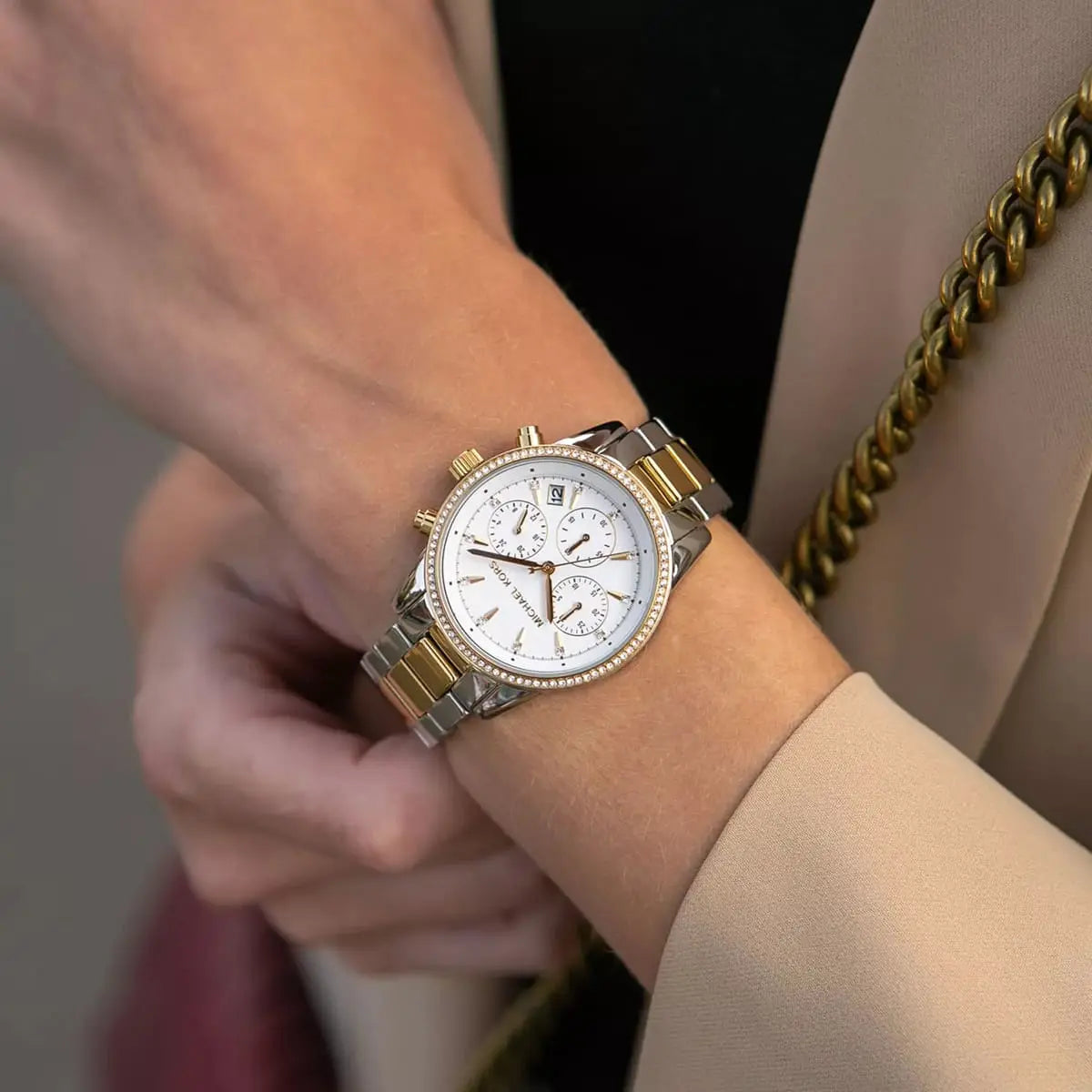 mk6474 michael kors chronograph watch women white dial metal stainless steel silver gold strap quartz battery analog ritz 14