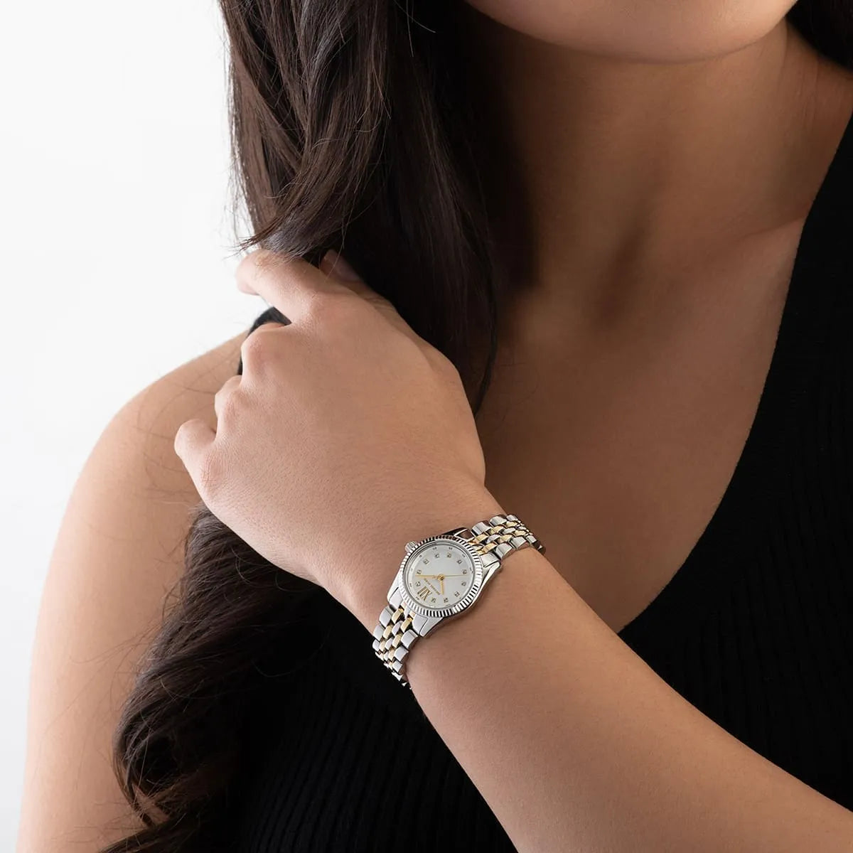 mk4740 michael kors watch women silver dial metal stainless steel gold two tone strap quartz battery analog three hand lexington 16