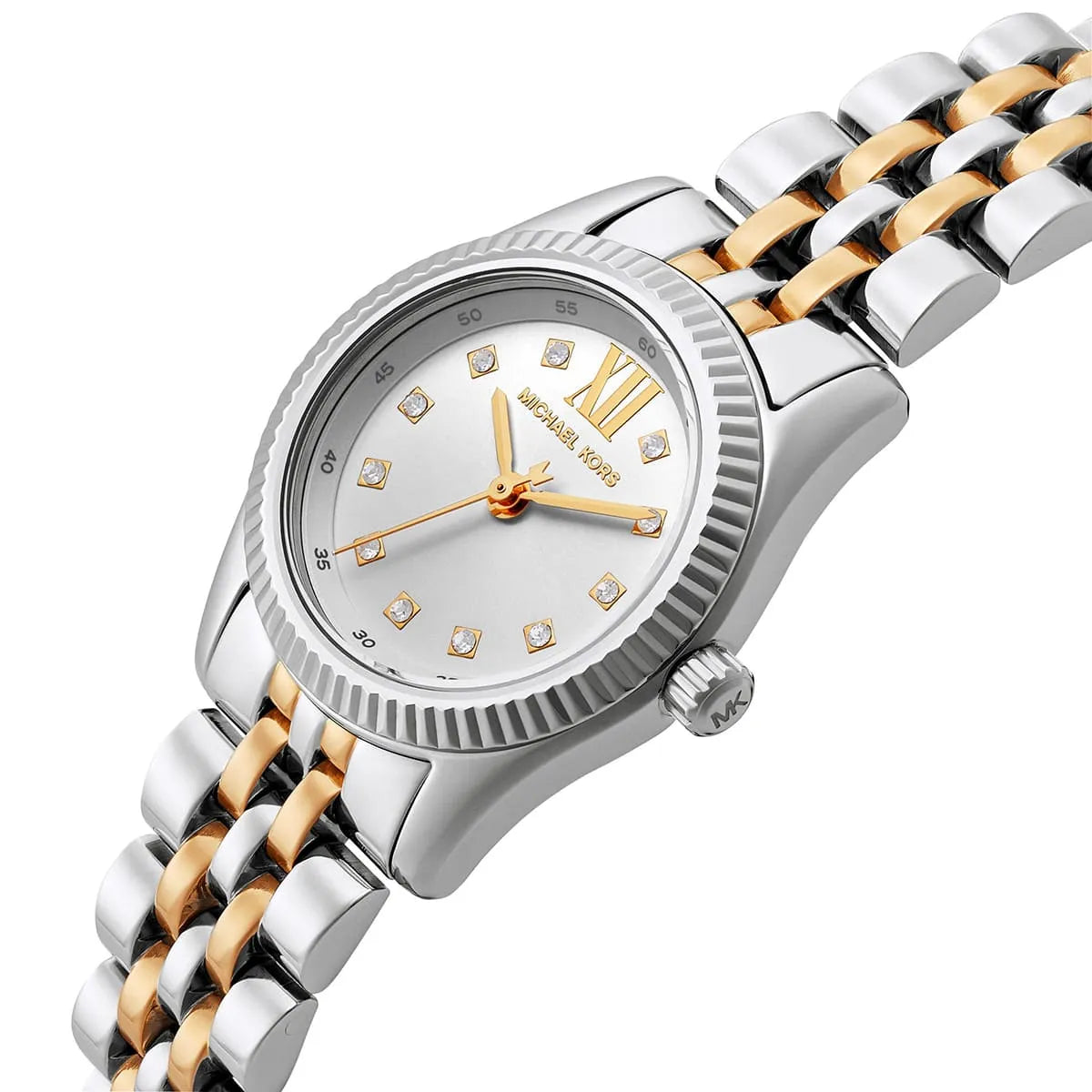 mk4740 michael kors watch women silver dial metal stainless steel gold two tone strap quartz battery analog three hand lexington 3