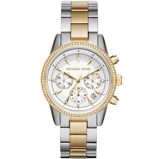 mk6474 michael kors chronograph watch women white dial metal stainless steel silver gold strap quartz battery analog ritz