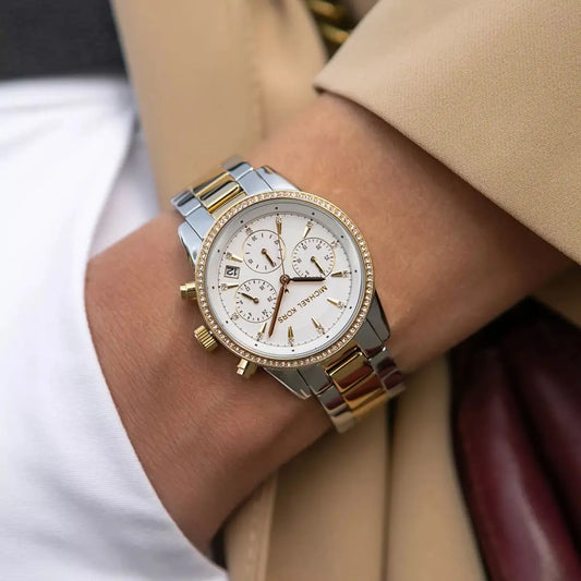 mk6474 michael kors chronograph watch women white dial metal stainless steel silver gold strap quartz battery analog ritz 13