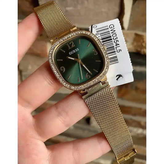 original gw0354l5 guess women lady watch green dial gold metal mesh strap crystal egypt 12
